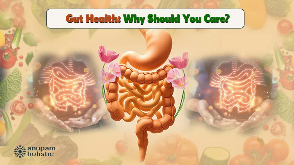 Gut Health: Why Should You Care? – Illustration of human digestive system with glowing intestines, highlighting the importance of gut health for overall well-being.
