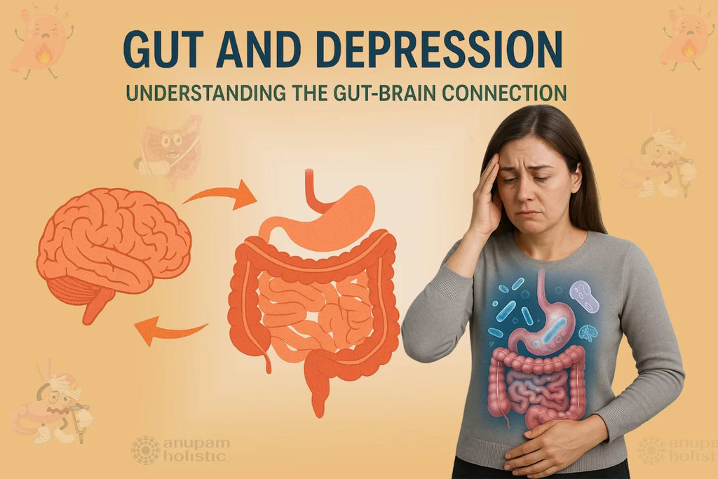 Illustration showing the gut-brain connection and its impact on depression. A woman holds her stomach and head in discomfort, with digestive organs and brain highlighted to represent stress, anxiety, and gut health issues.