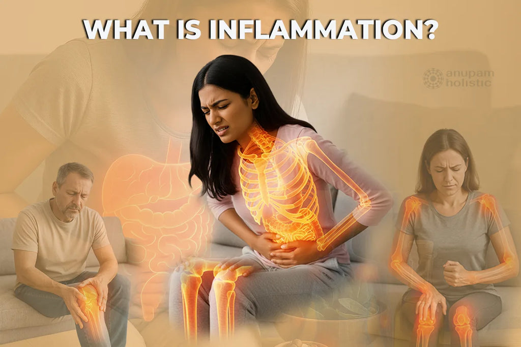 What is inflammation - illustration showing chronic inflammation in joints and stomach with holistic healing concept