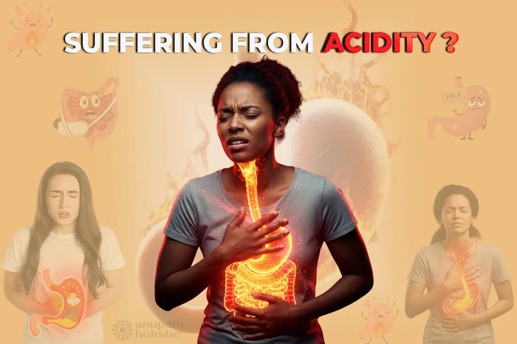Woman suffering from acidity (acid reflux) with burning sensation in chest and esophagus – holistic wellness illustration by Anupam Holistic