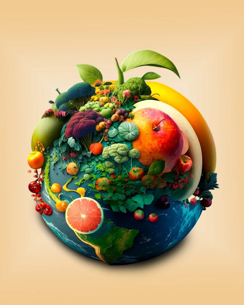 Balance Nutrition banner showing Earth creatively made of fresh fruits and vegetables, symbolizing global health, wellness, and balanced diet.