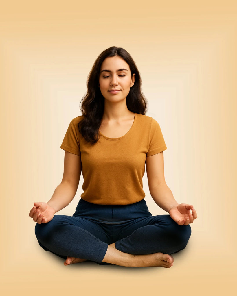 Emotional Wellbeing banner showing a calm woman practicing meditation in a seated yoga pose with closed eyes, symbolizing inner peace, mindfulness, and stress relief.