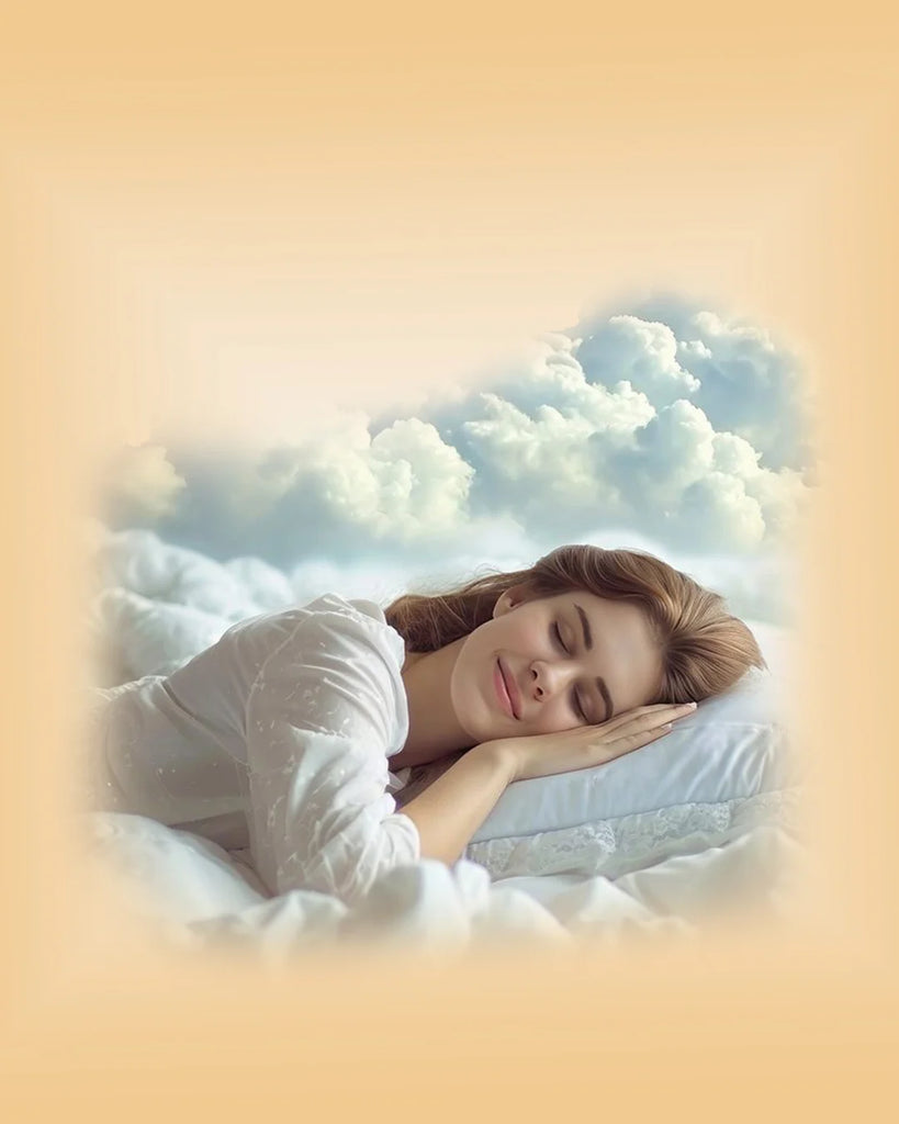 Quality Sleep banner showing a relaxed woman peacefully sleeping on a pillow with dreamy clouds in the background, symbolizing rest, recovery, and healthy sleep habits.